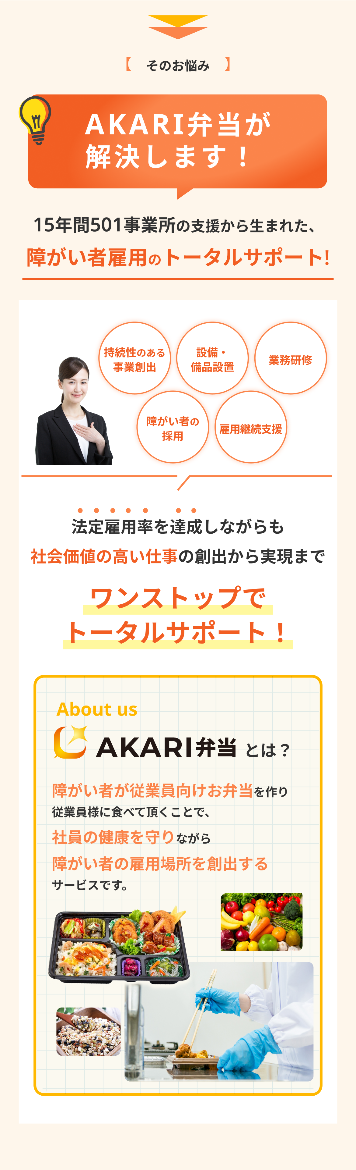 法定雇用率を維持しながらも社会価値の高い仕事の創出から実現までワンストップでトータルサポート！AKARI弁当とは。障がい者が従業員向けお弁当を作り従業員様に食べて頂くことで、社員の健康を守りながら障がい者の雇用場所を創出するサービスです。