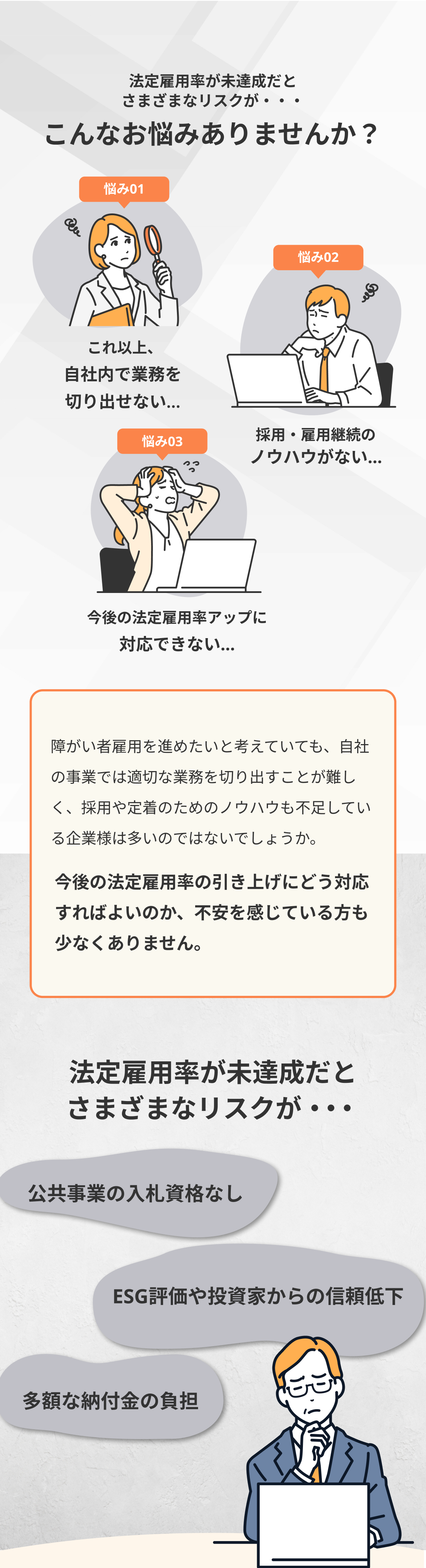 今後の法定雇用率の引き上げにどう対応すればよいのか、不安を感じている方も少なくありません。雇用率が不足するとさまざまなリスクが・・・